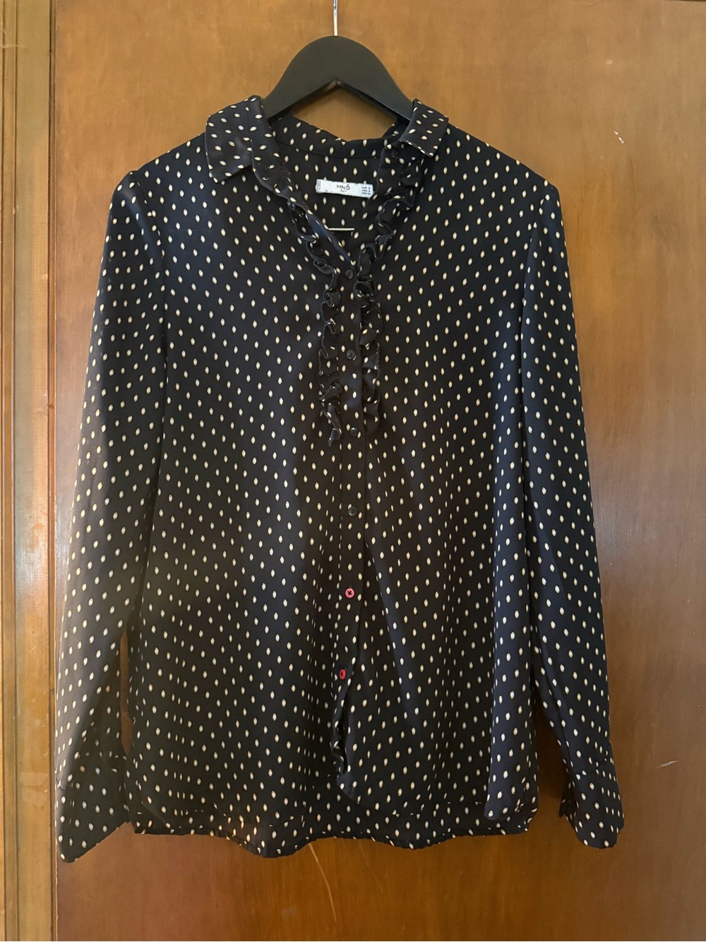 Mango Black Long-Sleeve Shirt with Cream Polka Dots